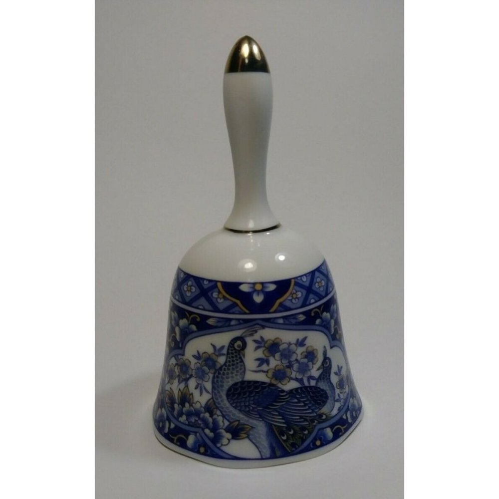 Vintage Porcelain BLUE PEACOCK and FLOWERS Hand Bell   Made In Japan
